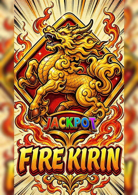 Fire Kirin gaming platform poster with golden dragon and JACKPOT FIRE KIRIN wordmark
