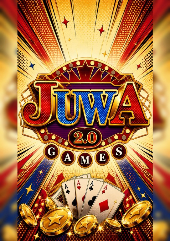 Juwa 2.0 gaming platform poster with red and gold starburst design