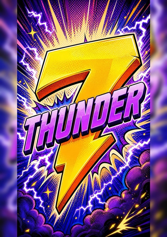 Thunder 7 gaming platform poster with lightning bolt and comic halftone style