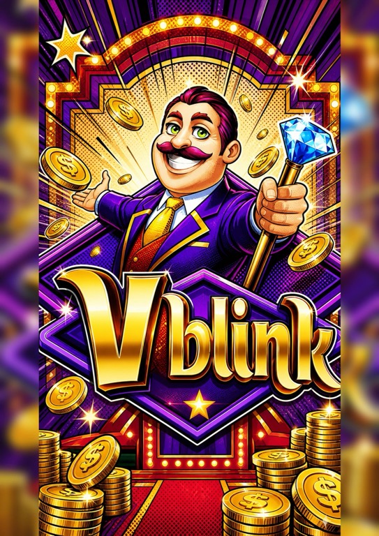 Vblink gaming platform poster with mansion host cartoon and VBLINK wordmark